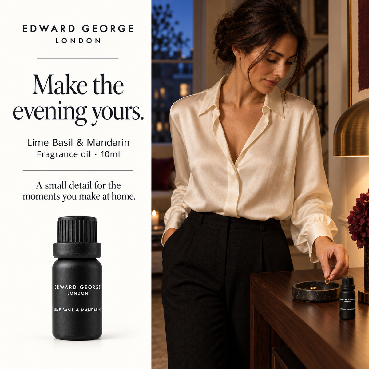 Edward George London Lime Basil & Mandarin 10ml fragrance oil beside a woman in a softly lit home.